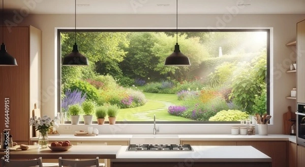 Fototapeta Kitchen View: Lush Garden Scene Framed by a Large Window and Pendant Lights