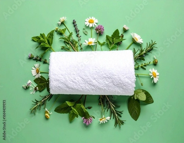 Fototapeta Rolled Towel with Assorted Herbs and Flowers on Green Background
