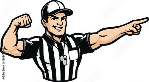 Fototapeta Cartoon referee with a striped shirt, cap, and whistle, pointing to the right and flexing his bicep with a smile.