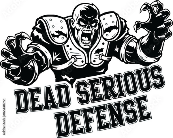 Fototapeta A zombie football player in a protective uniform, with the words "Dead Serious Defense" above and around him.