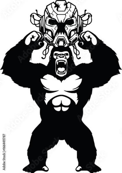Fototapeta A powerful gorilla with a futuristic helmet on its head, flexing its muscles and roaring in a dynamic black and white illustration.