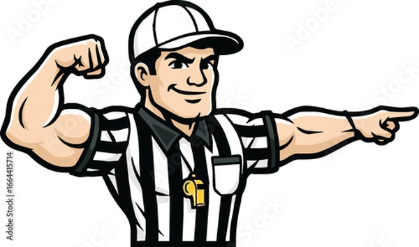 Fototapeta A strong, muscular cartoon referee mascot flexing his bicep and pointing with a confident smile.