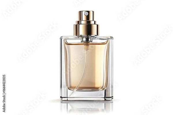 Fototapeta Elegant perfume bottle with a golden spray nozzle isolated on white background for product presentation