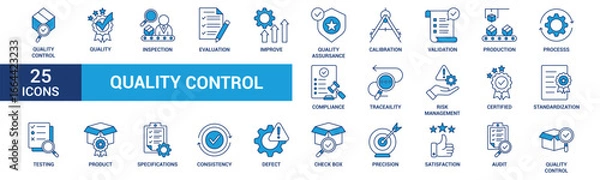 Fototapeta Quality control icon set. Containing inspection, evaluation, product, quality assurance, process, testing and more. Blue vector icons collection.