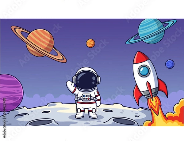 Fototapeta Adorable astronaut waving hello from moon with planets and rocket ship in colorful cosmic scene