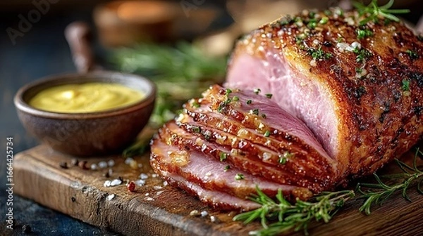 Fototapeta Juicy, partially sliced glazed ham resting on a wooden cutting board, garnished with fresh rosemary and accompanied by mustard sauce, creates an inviting presentation