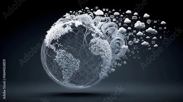 Fototapeta A globe with a lot of clouds and a lot of icons on it. The globe is spinning and the icons are flying out of it