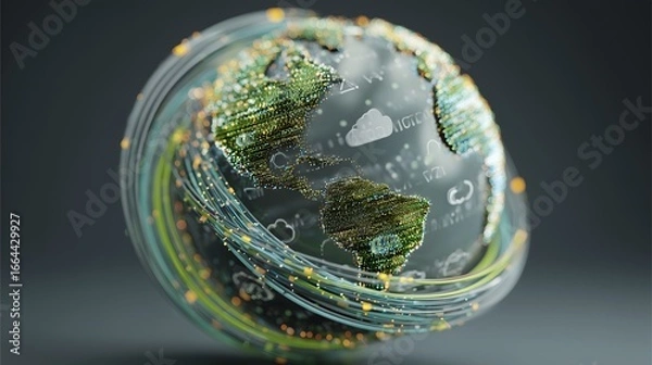 Fototapeta A globe with a lot of clouds and a lot of icons on it. The globe is spinning and the icons are flying out of it