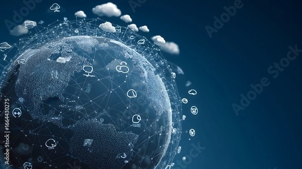 Fototapeta A globe with a lot of clouds and a lot of icons on it. The globe is spinning and the icons are flying out of it