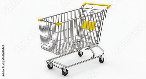 Obraz A detailed view of a shiny metal supermarket shopping cart with a yellow handle isolated on white background