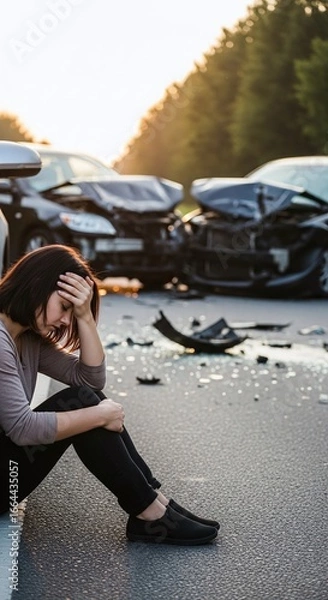Fototapeta Distraught woman crying after a serious multiple car accident on a road