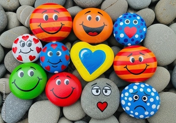Fototapeta Cute painted rocks with various emotions, colorful smiley faces and hearts