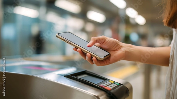 Fototapeta Close up hand of a person using contactless payment for subway ticket via smartphone at the gate in train station. Contactless technology and commuter people concept
