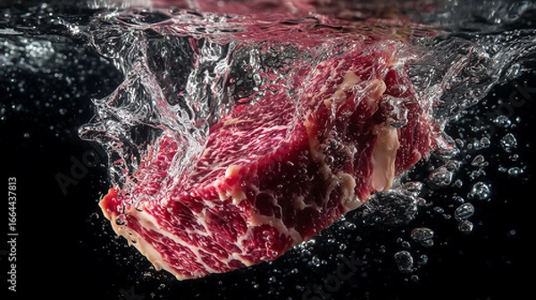 Fototapeta A fresh raw well marbled cut of beef splashing into water effect, dynamic and appealing composition, Freshness and culinary concept

