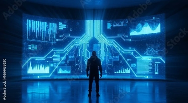 Fototapeta Man gazes at futuristic digital data visualization screen