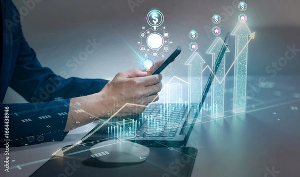 Fototapeta Businessman hand working with modern computer and smart phone ,Global internet connection concept. Internet usage worldwide in business and technology with internet icons linked.