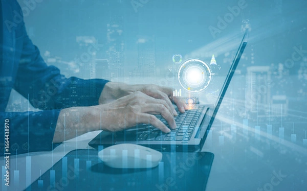 Fototapeta Businessman hand working with modern computer ,Global internet connection concept. Internet usage worldwide in business and technology with internet icons linked.