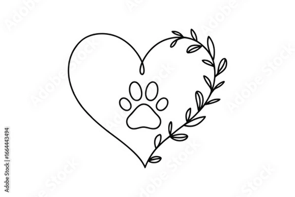 Fototapeta One Line Drawing of a Heart with a Paw Print | Vector Art for Pet Love and Animal Care.