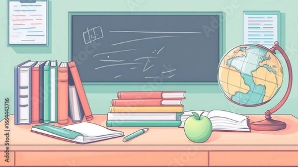 Fototapeta Classroom desk with books, globe, and apple
