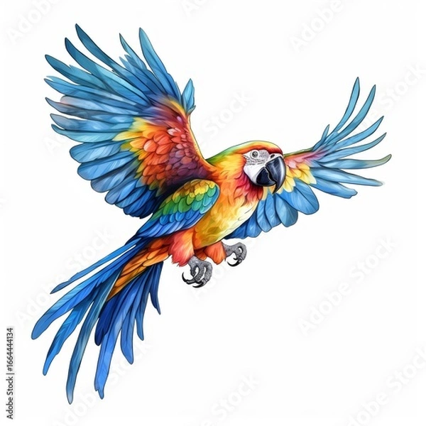 Fototapeta A beautiful digital illustration of a macaw in mid-flight, capturing its detailed, multi-colored plumage and powerful wings on a clean white background.
