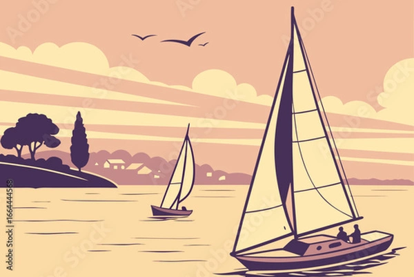 Fototapeta Sailing regatta in the golden light of a calm summer evening