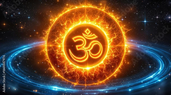 Fototapeta An ethereal Om symbol radiating divine energy in a cosmic nebula with a ring of electric blue light