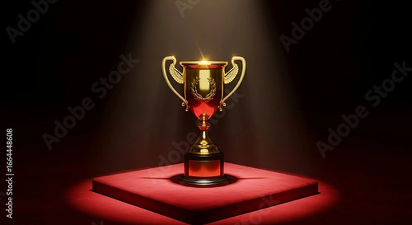 Fototapeta Golden trophy with wings and wreath on a red pedestal under a spotlight against a dark background