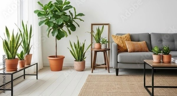 Obraz Bright Living Room with Fiddle Leaf Fig, Snake Plants, and Gray Sofa with Textured Pillows