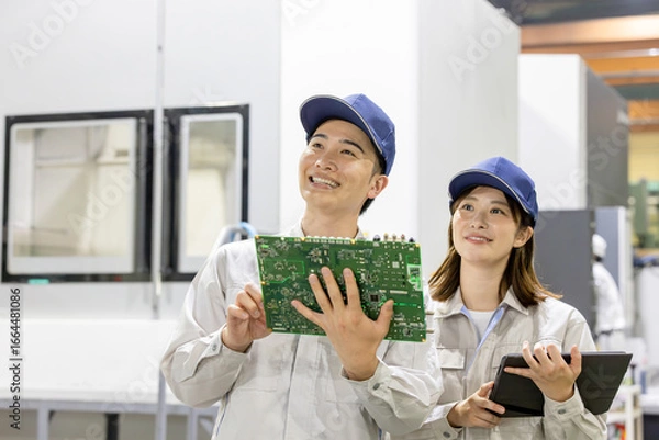 Fototapeta 工場でタブレットを使って製品を検査する男女作業員
