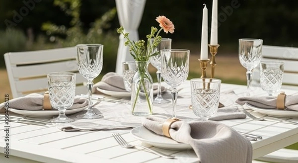 Fototapeta A beautifully set outdoor dining table with elegant glassware, white plates, and a small flower arrangement. Soft lighting enhances the inviting atmosphere.