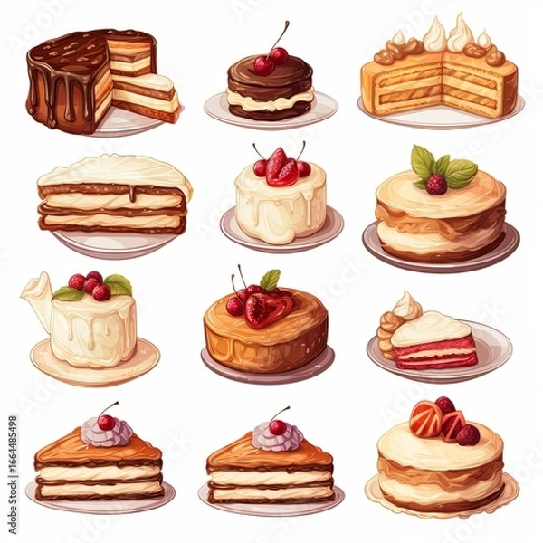 Fototapeta Delicious Assortment of Cakes with Various Toppings on Plates, Perfect for Celebrations
