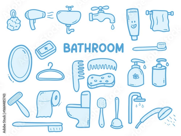 Fototapeta Set of icons with Bathroom Appliances theme. With doodle style. For layout, website, graphic design.	