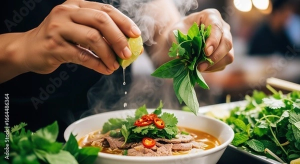 Fototapeta Close up of hands squeezing fresh lime and adding aromatic herbs to a steaming bowl of authentic vietnamese pho