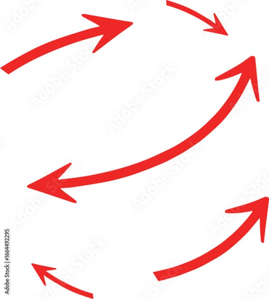Fototapeta Collection of red hand-drawn arrows pointing in various directions showing movement and direction