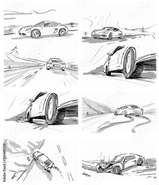 Fototapeta Car driving through the road. Car crash. Accident. Vector sketch illustration for advertise, insurance company, storyboard, projects