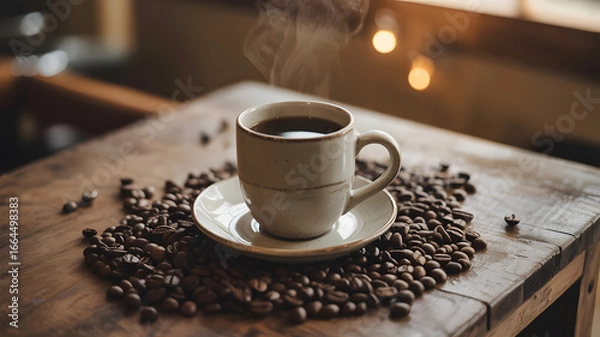 Fototapeta Warm Steaming Black Coffee in White Cup with Roasted Beans on Rustic Table