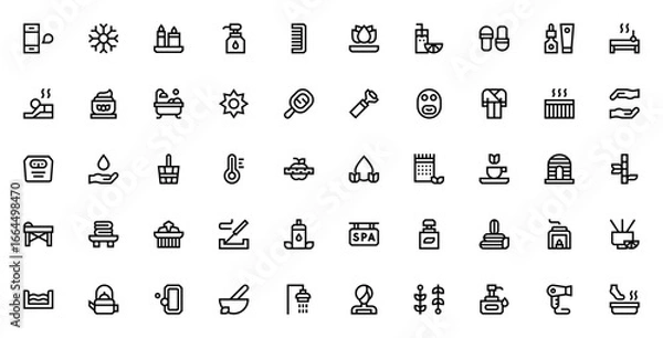 Obraz Spa icon set. Relaxation vector symbols. Includes appointment, candles, massage, sauna, bathrobe, facial mask, lotion, perfume, shampoo and more. Editable stroke.