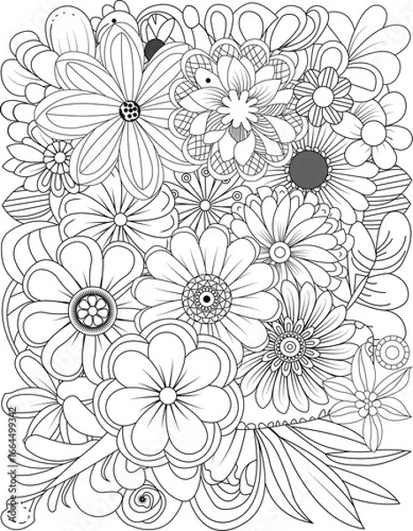 Fototapeta Detailed outline of a vibrant bouquet of various flowers for coloring pages and creative projects transparent background