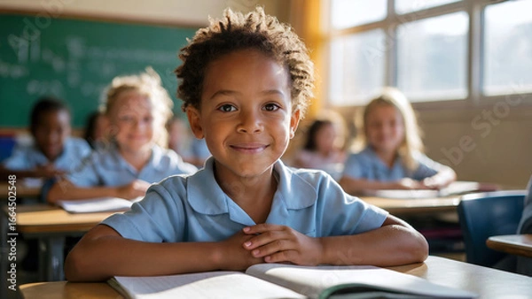 Fototapeta Smiling schoolchild sitting at a desk in a classroom, looking confident and happy. The student is wearing a school uniform and surrounded by classmates. Generated image