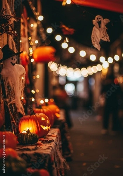 Fototapeta Atmospheric Halloween night scene showcasing glowing jack-o'-lanterns, spooky ghost decorations, and warm string lights, creating a festive autumnal street display