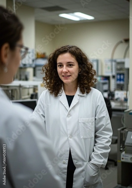 Fototapeta Two scientists wearing lab coats in a laboratory setting, discussing research and experiments, highlighting scientific collaboration and discovery