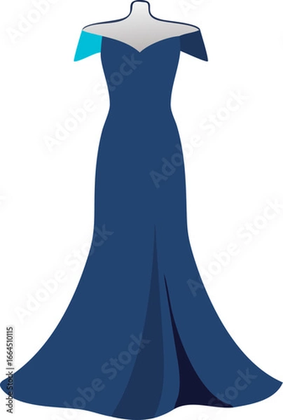 Fototapeta Modern off shoulder evening gown with flowing train isolated on white background
