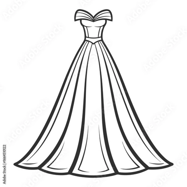 Fototapeta Modern off shoulder evening gown with flowing train isolated on white background