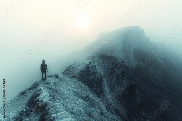 Fototapeta A lone figure walks a misty mountain ridge towards a bright sun, showcasing a serene yet adventurous scene.