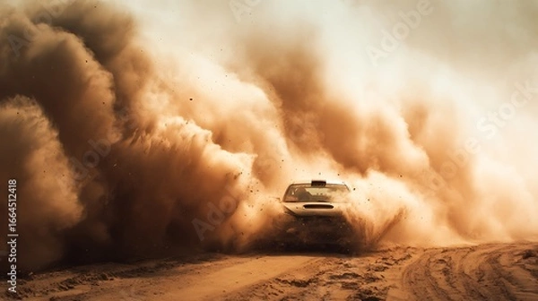 Fototapeta Vehicle races through a massive cloud of dust showcasing raw power and intense speed A thrilling moment of off-road adventure