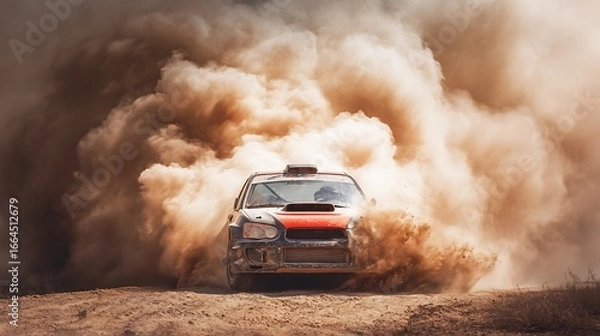 Fototapeta A rally car speeds along a dirt track surrounded by a huge cloud of dust kicked up by its tires Intense off-road action shot