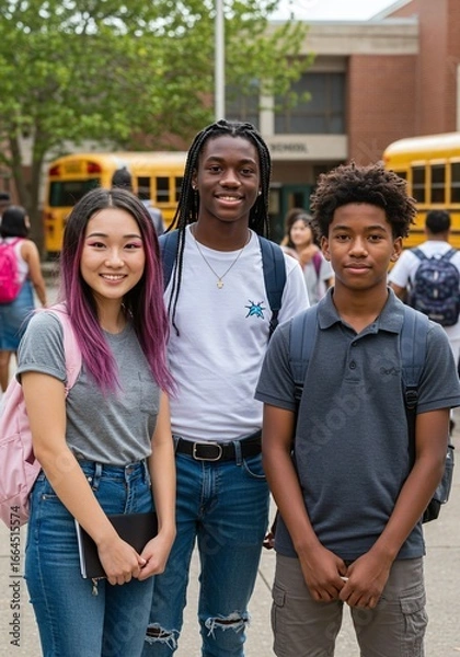 Fototapeta A diverse group of smiling young students stands together outdoors on a sunny day, representing friendship and educational pursuits in a vibrant school environment