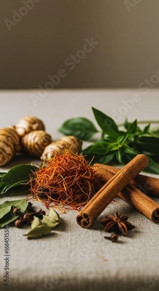 Fototapeta Aromatic Assortment of Spices and Herbs Cinnamon Sticks, Saffron, Cardamom, Star Anise, Basil, and Turmeric Root on a Textured Surface for Culinary Inspiration
