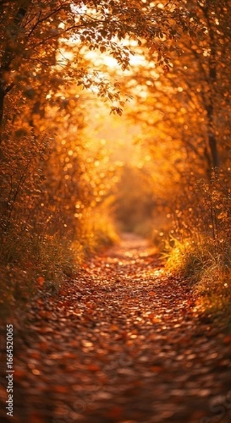 Fototapeta Pathway to autumn splendor a breathtaking vista of golden foliage and fallen leaves guiding through a sun-dappled forest trail, evoking warmth and tranquility