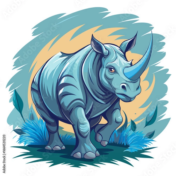 Fototapeta vector illustration of rhino, charging, watercolor